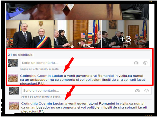 "A venit guvernatorul Romaniei in vizita, ca numai ca un ambasador nu se comporta si voi politicieni lipsiti de sira spinarii faceti plecaciuni. Pfui.", a postat Cotinghiu Cosmin Lucian pe pagina de Facebook a lui Emil Boc