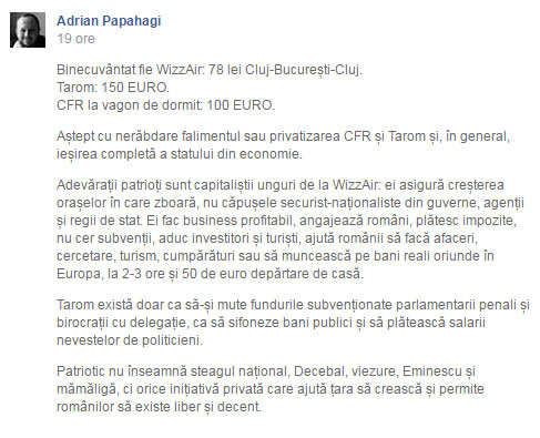 Adrian Papahagi, postare impotriva nationalismului si patriotismului romanesc