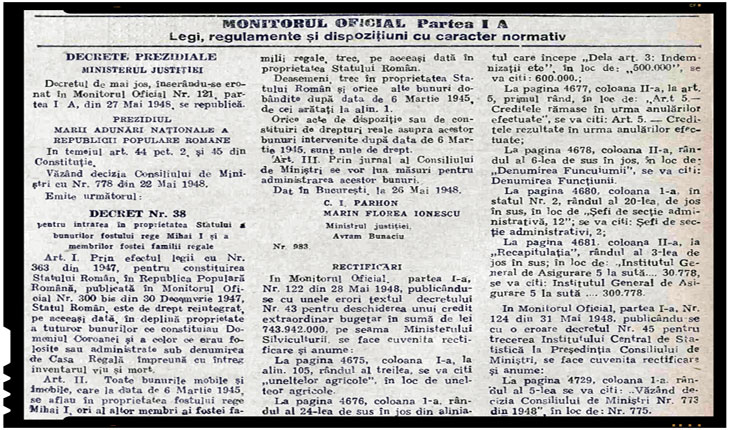 3 iunie 1948 - Se emitea decretul Nr 38 pentru intrarea in proprietatea Statului a bunurilor fostului rege Mihai I si a membrilor fostei familii regale