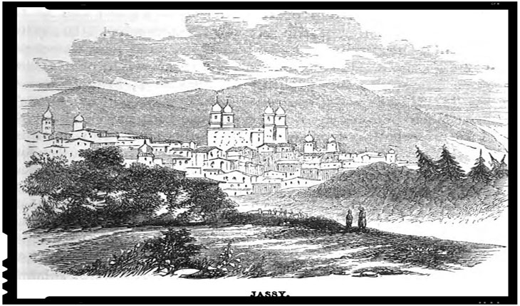 In centru, Catedrala Mitropolitana din Iasi într-un desen publicat în 1855