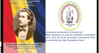 Sâmbătă, 14 octombrie 2017, va avea loc dezvelirea bustului lui Mihai Eminescu la Carei