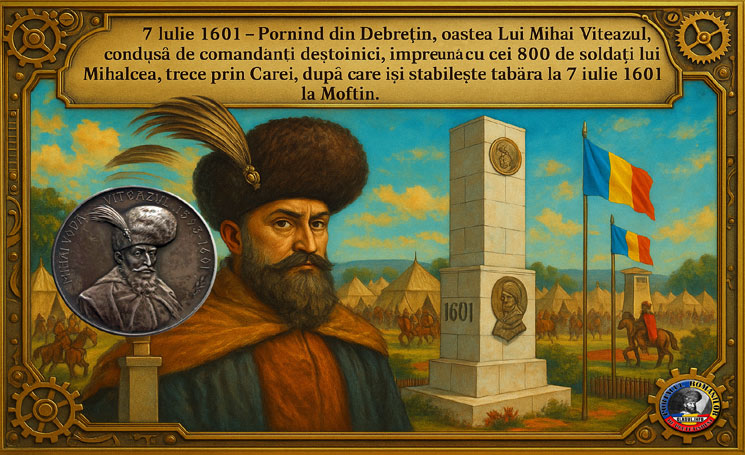 7 iulie 1601 – Pornind din Debreţin, oastea lui Mihai Viteazul împreună cu cei 800 de soldaţi lui Mihalcea, trece prin Carei, după care îşi stabileşte tabăra la 7 iulie 1601 la Moftin