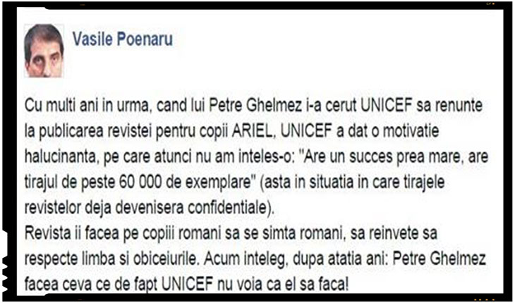 Vasile Poenaru: “UNICEF i-a cerut lui Petre Ghelmez sa renunte la publicarea revistei pentru copii ARIEL pentru ca revista ii facea pe copiii romani sa se simta romani”