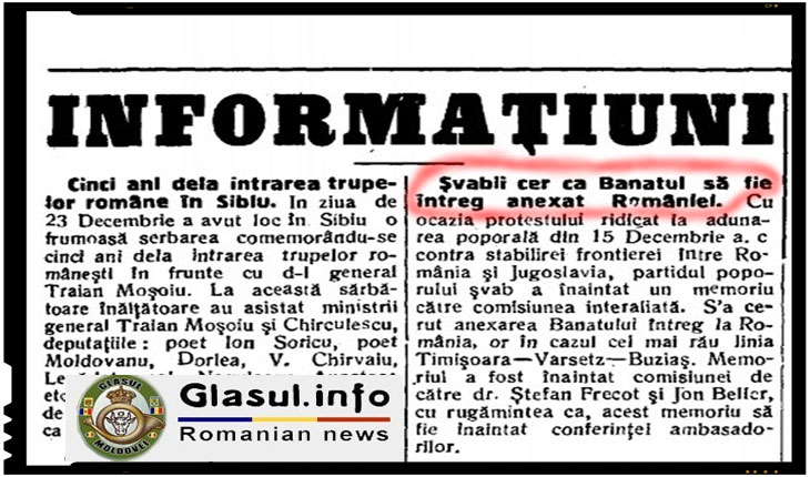 Şvabii bănățeni au cerut ca Banatul să fie întreg anexat României