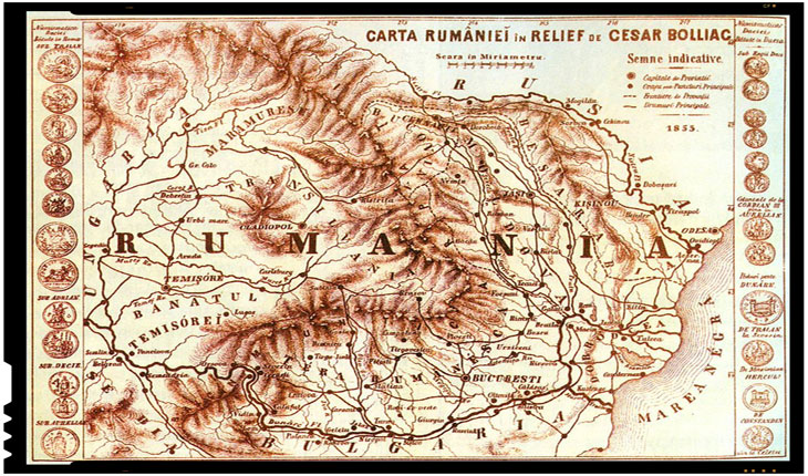 ROMÂNIA ÎN CUMPĂNA VREMII, Harta României, datată 1855, realizată de Cezar Bolliac