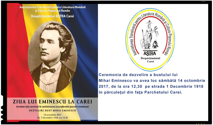 Sâmbătă, 14 octombrie 2017, va avea loc dezvelirea bustului lui Mihai Eminescu la Carei