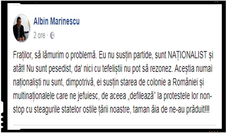 Jurnalistul Albin Marinescu: "Tefelistii sustin starea de colonie a Romaniei, de aceea defileaza la potestele lor cu steagurile statelor ostile tarii noastre, taman aia de ne-au praduit!"