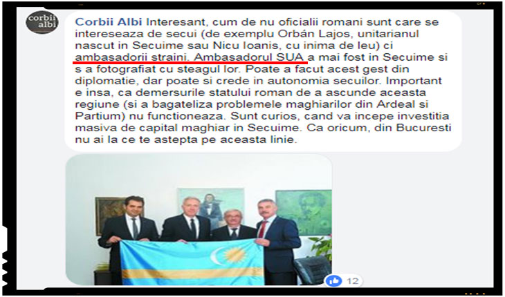 Se putea ca o asemenea benchetuială a ambasadorilor straini in secuime sa nu fie fructificata si de catre propagandistii de la portalul profund antiromânesc Corbii Albi?, Foto: captura facebook