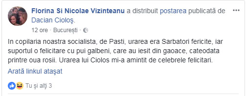 In copilaria noastra socialista, de Pasti, urarea era Sarbatori fericite, iar suportul o felicitare cu pui galbeni, care au iesit din gaoace, cateodata printre oua rosii. Urarea lui Ciolos mi-a amintit de celebrele felicitari, Foto: facebook