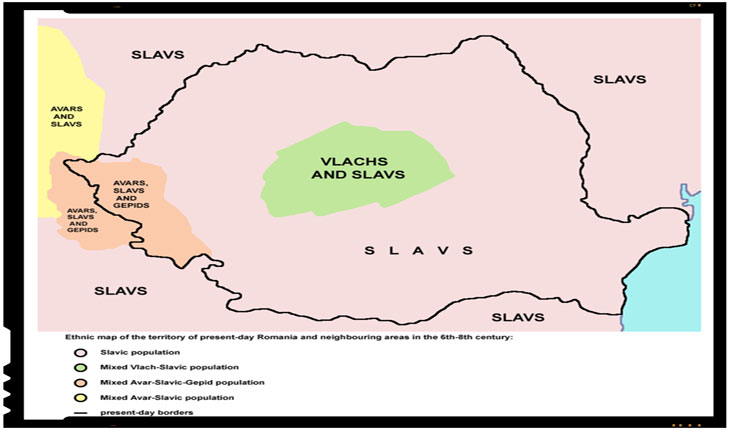 Hartă școlară iugoslavă, din "Školski istorijski atlas, Zavod za izdavanje udžbenika SR Srbije", Belgrad 1970, care ocultează complet existența românofonilor sud-dunăreni și o limitează pe a celor nord-dunăreni la Transilvania de sud