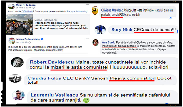 Pe pagina de facebook a celor de la CEC Bank au intrat hoarde imense de #rezistenți pentru a posta invective și alte mizerii, Foto: captura facebook