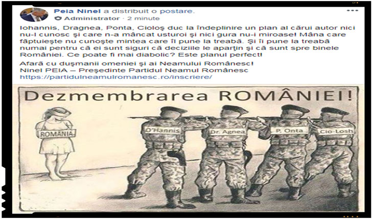 Partidul Neamul Românesc: "Iohannis, Dragnea, Ponta, Cioloş duc la îndeplinire un plan al cărui autor nici nu-l cunosc - Dezmembrarea României!", Foto: facebook.com/peia.ninel