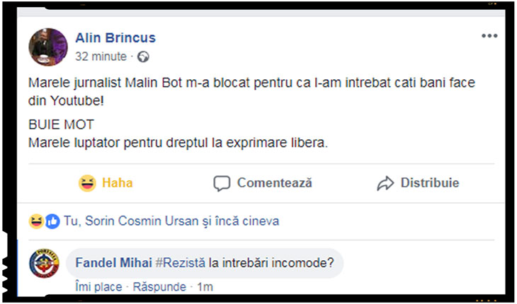 Mălin BOT nu rezistă la întrebări incomode: l-a blocat pe cel care-l întrebase despre câți bani face din clipurile video postate pe Youtube