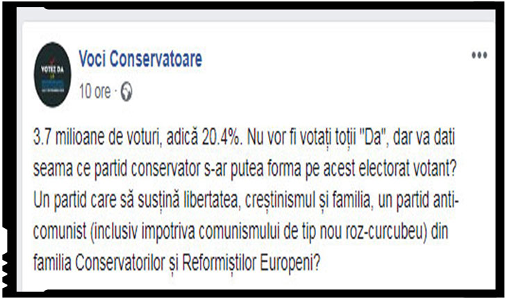 Ce-i drept, după referendum, în mediile conservatoare se vorbește despre ideea coagulării celor care prețuiesc valorile conservatoare într-un partid politic, Foto: Facebook / Voci Conservatoare