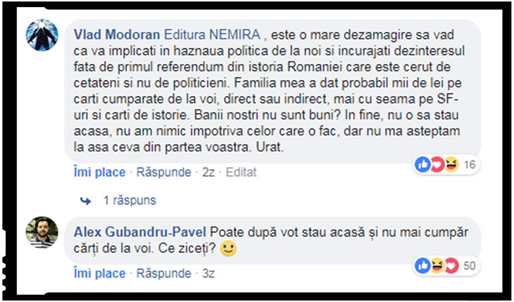 Implicarea editurii Nemira în lupta politică îi dezamăgește pe o parte dintre cititorii săi.