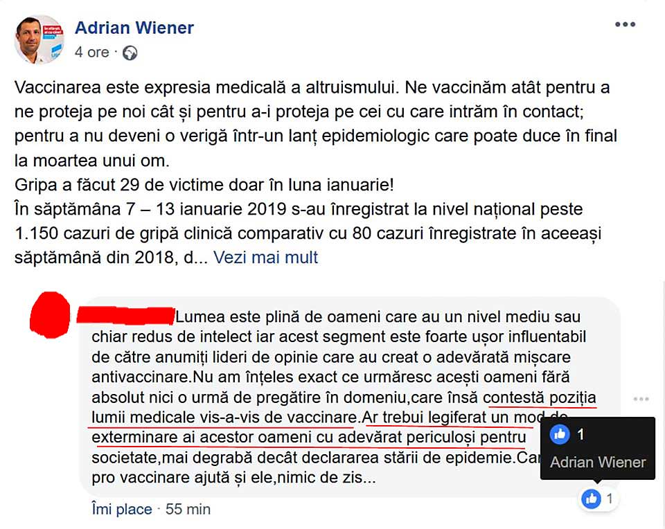 Ei bine, tocmai în cadrul unor asemenea polemici legate de vaccinarea obligatorie, un deputat USR a apreciat un comentariu în care era sugerată exterminarea celor care contestă „poziția lumii medicale” față de vaccinare!?