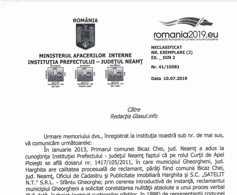 Clarificări din partea prefecturii Neamț privind revendicările celor din jud. Harghita