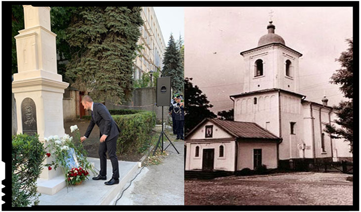 Monumentul, înalt de 4 metri și sculptat în România la Cluj-Napoca în piatră de Baschioi, a fost amplasat pe locul altarului vechii biserici demolata de sovietici în anul 1960.