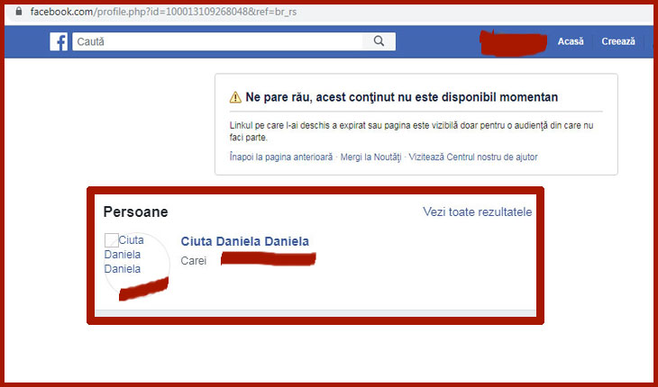 Contul de facebook dezactivat al doamnei Daniela Ciută