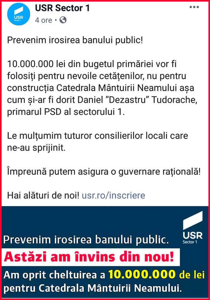 Neomarxiștii  de la USR Sector 1 sunt în culmea fericirii pentru că au reușit stoparea finanțării cu 10.000.000 de lei pentru Catedrala Mântuirii Neamului. Nu același lucru l-au făcut însă când a fost povestea cu construirea unei megamoschei la București.