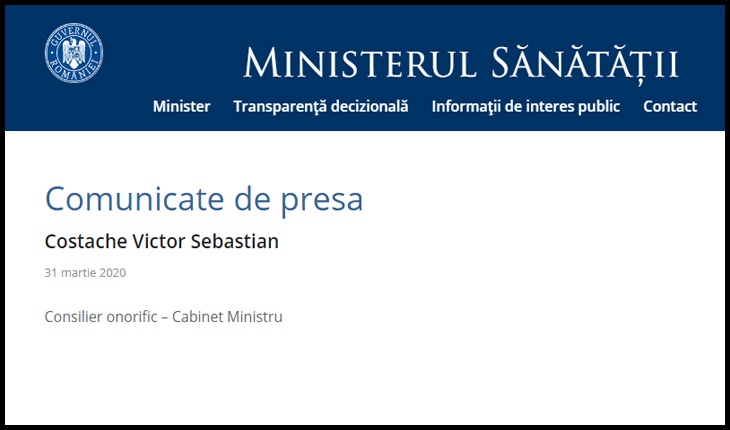 Numirea lui Costache pe post de consilier onorific, strecurată printre comunicatele cu decese pe site-ul Ministerului Sănătății, Foto: captură ms.ro