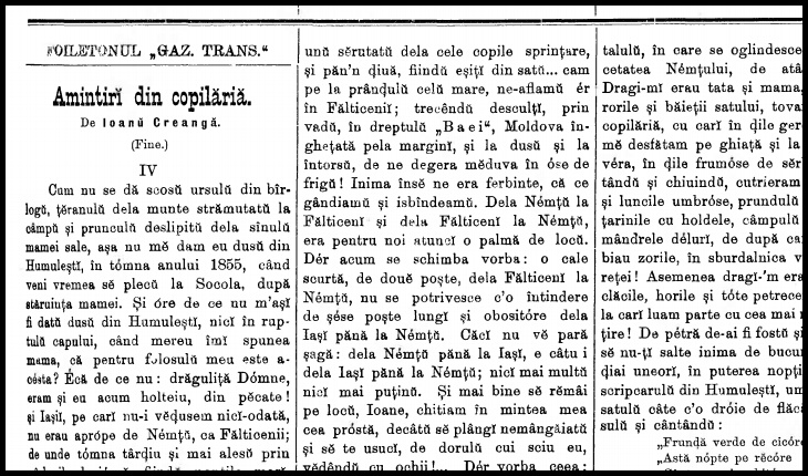 La 8 mai 1892 apărea în Gazeta Transilvaniei un fragment din Amintiri din copilărie, de Ion Creangă