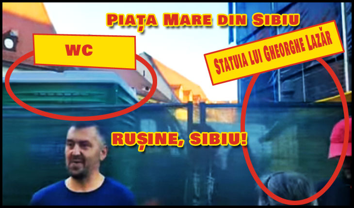 Un WC în spatele statuii lui Gheorghe Lazăr din Sibiu