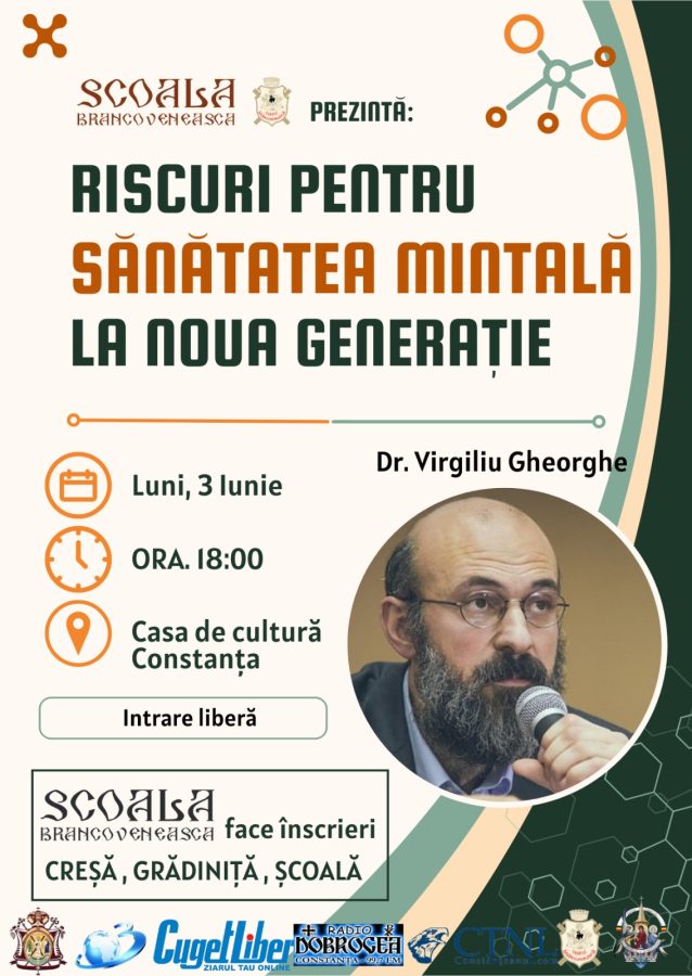 Școala Brâncovenească te invită luni, 3 Iunie, Casa de Cultură la conferința “Riscuri pentru sănătatea mintală la nouă generație”