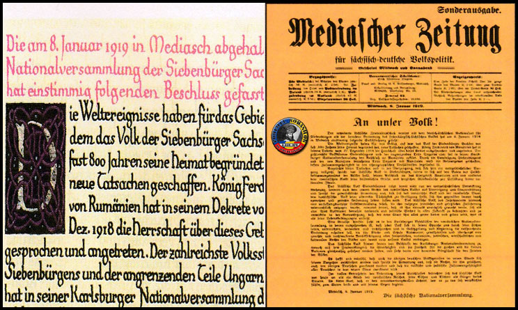 8 Ianuarie 1919 - la Mediaș, Sașii au hotărât în unanimitate, recunoașterea Unirii Transilvaniei cu România