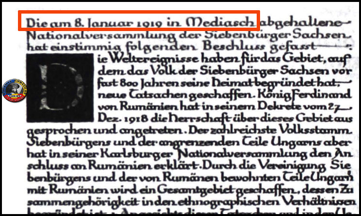 8 Ianuarie 1919 - la Mediaș, Sașii au hotărât în unanimitate, recunoașterea Unirii Transilvaniei cu România