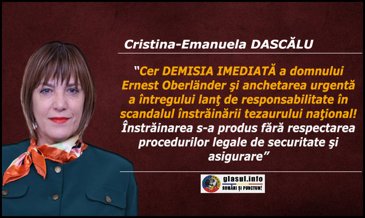 Deputat AUR: "Cer DEMISIA IMEDIATĂ a domnului Ernest Oberländer şi anchetarea urgentă a întregului lanţ de responsabilitate în scandalul înstrăinării tezaurului naţional!"