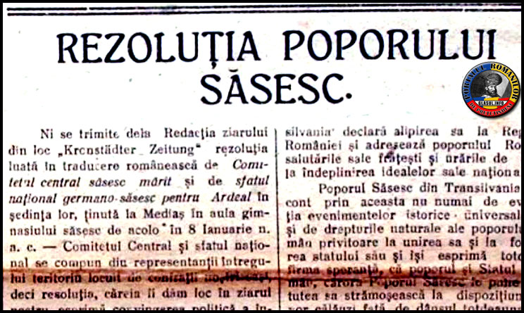 Declarația de Unire cu România a sașilor din Transilvania, trimisă spre publicare ăn ziarul Glasul Ardealului din 11 Ianuarie 1919