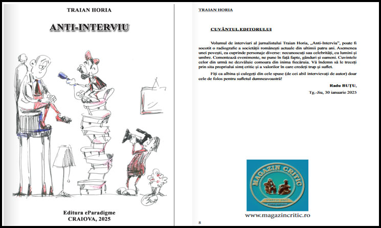 Jurnalistul Traian Horia lansează un volum de Anti-Interviuri. Cartea conține dialoguri spumoase dar necruțătoare, grafică, trucuri fotografice dar și unicul interviu acordat de președintele țării, Klaus Iohannis, în 8 ani de mandat la Cotroceni