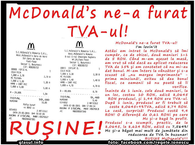 McDonald's ne-a furat TVA-ul!, foto: facebook.com/regele.ionescu