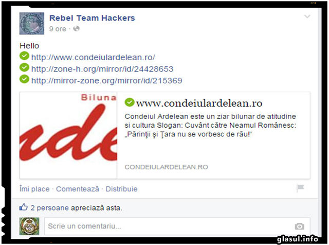 Indiciile lasate pe pagina site-ului romanesc duc inspre "Rebel Team Hackers", iar pe pagina de Facebook a acestora am gasit intr-adevar revendicarea atacului impotriva site-ului condeiulardelean.ro.