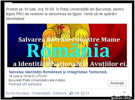 Protest pe 18 iulie, ora 16.00, în Piața Universității din București, pentru legea PRU de revenire la denumirea de țigani.