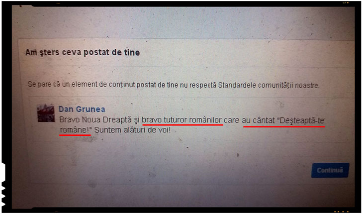 Incredibil! Cenzurat si blocat de o retea de socializare pentru ca a salutat intonarea imnului national "Deșteaptă-te, române!", Foto: Facebook