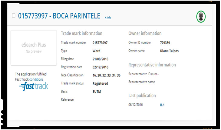 pentru atestatul cu numărul 015773997 pentru marca înregistrată "BOCA PARINTELE" este trecută ca beneficiar Diana Talpoş.