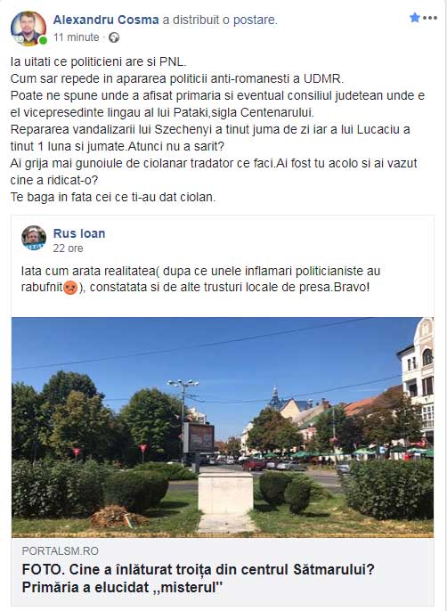 Vicepreședintele Consiliului Județean Satu Mare este de partea primarului UDMR în scandalul legat de dezafectarea troiței românești din localitate
