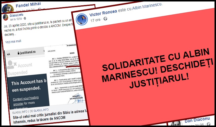 Reacții de solidaritate jurnalistică în România cu Marius Albin Marinescu și Justitiarul.ro, Foto: captură facebook