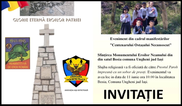 Pe 11 iunie 2023 va avea loc Sfințirea Monumentului Eroilor Neamului la Bosia, în comuna Ungheni, județul Iași