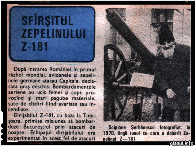 Sfarsitul zepelinului Z-181. Isprava avarierii zepelinului apartine sergentului Scipione Serbanescu