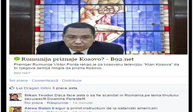 Sarbii despre intentia lui Ponta de a recunoaste Kosovo: " Afacere tiganeasca!", foto: captura Facebook, b92.net
