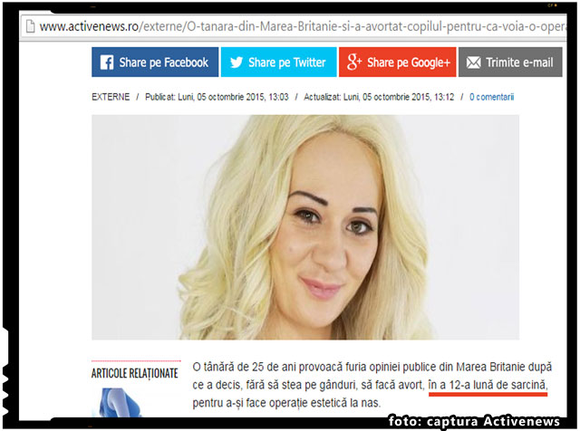 Gafa Activenews: "O tanara a decis sa faca avort in a 12-a luna de sarcina, pentru a-si face operatie estetica la nas", foto: captura Activenews