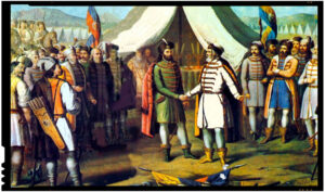 Înfrăţirea moldovenilor şi muntenilor. Bogdan al III-lea şi Radu cel Mare în centrul picturii. Autor: Constantin Lecca