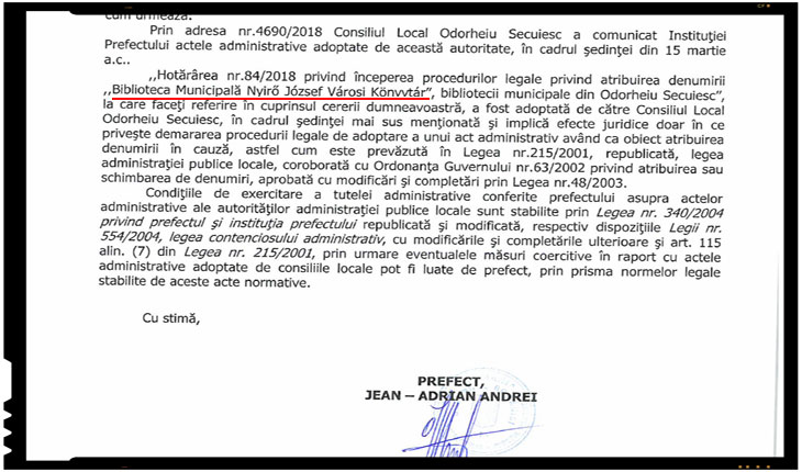 Pozitia Prefecturii Harghita cu privire la incercarea Consiliului Local Odorheiu Secuiesc de a atribui numele lui Nyiro Jozsef bibliotecii municipale