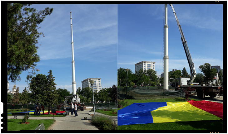 La Iași catargul înalt de 41 de metri este gata! Se fac ultimele pregătiri pentru arborarea unui imens tricolor românesc