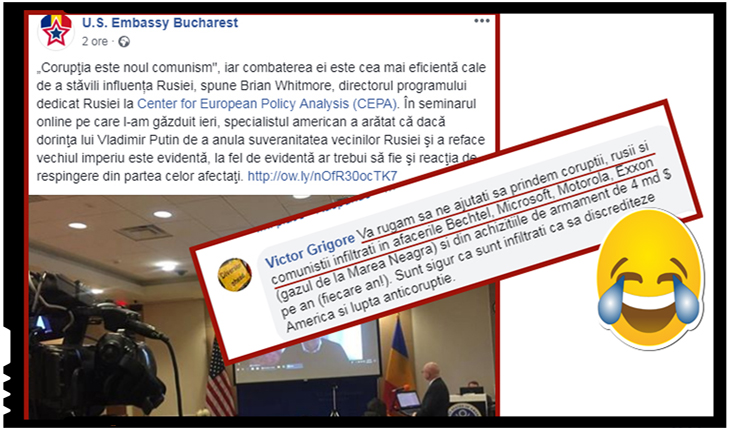 Sorosiștii de la ambasada americana ironizați: "Vă rugăm să ne ajutați să prindem corupții, rușii și comuniștii infiltrați în afacerile Bechtel, Microsoft, Motorola, Exxon", Foto: facebook