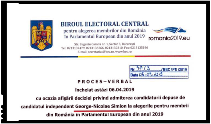 candidatura independenta la europarlamentare a lui George Simion, validata de BEC
