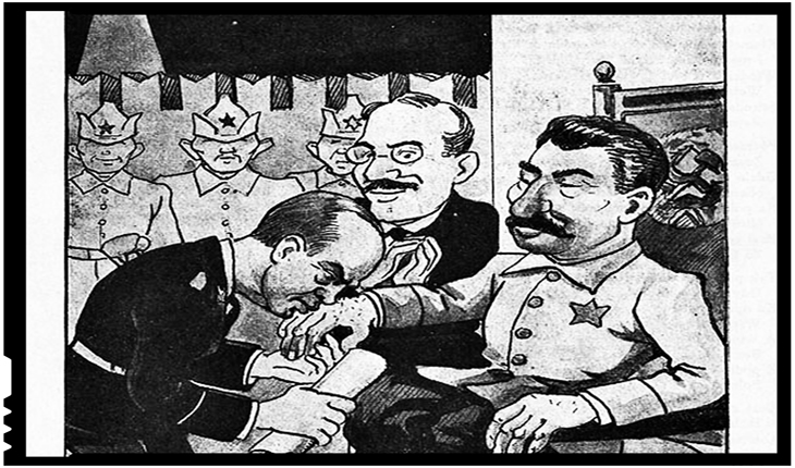 Caricatură poloneză în care Ribbentrop îi pupă mâna lui Stalin în fața lui Molotov care aplaudă